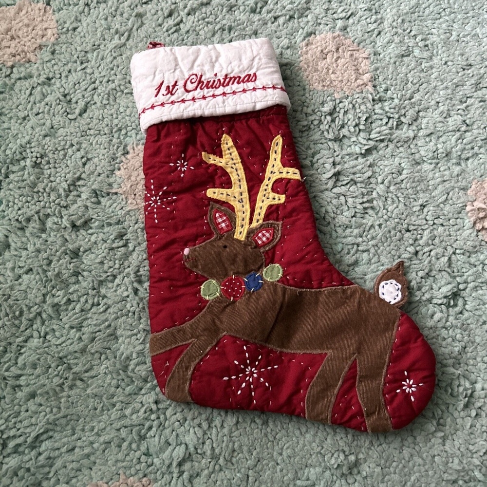 POTTERY BARN KIDS Quilted Bab First 1st CHRISTMAS STOCKING Reindeer Red Gingham